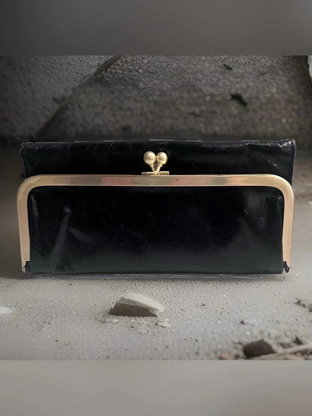 HOBO RACHEL Continental Wallet Black Leather Kiss-Lock Clutch Bag Magnetic Retro